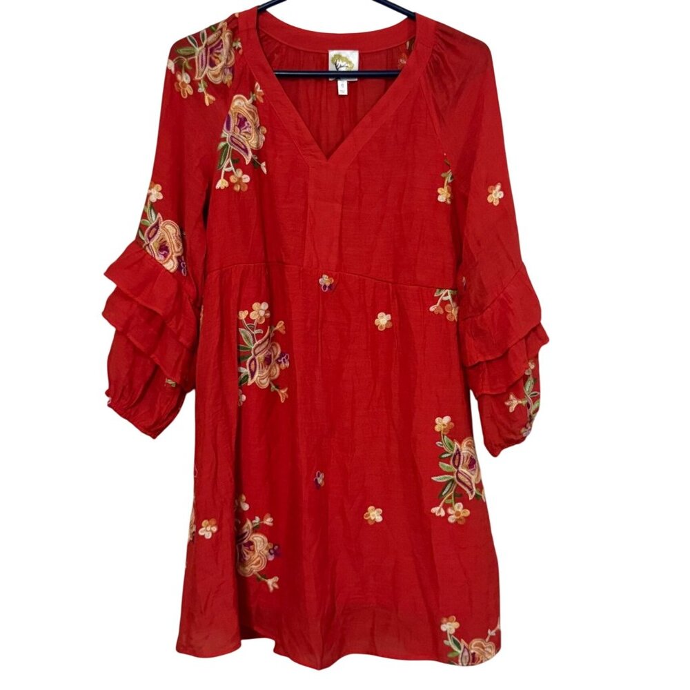 Fig and Flower Red Embroidered Boho Ruffle Sleeve Babydoll Mini Dress Small x1